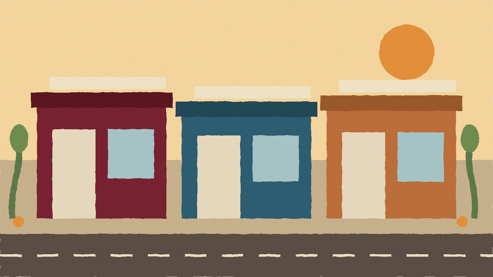 Empty restaurant row awaiting tenants - illustration, Jake Team LLC