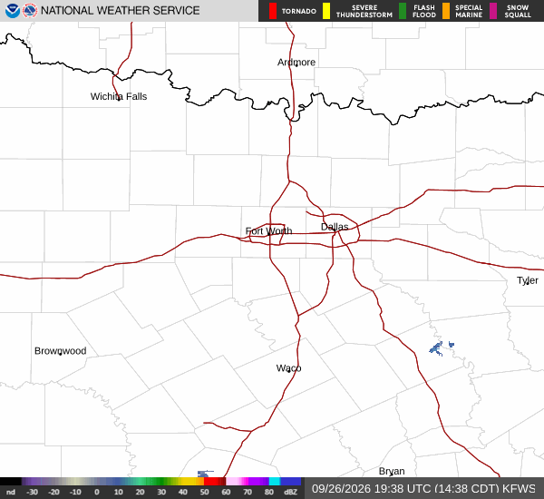 Latest National Weather Service radar for North Texas (KFWS radar). Source: radar.weather.gov.