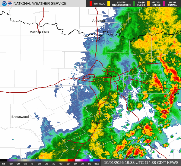 Latest National Weather Service radar for North Texas (KFWS radar). Source: radar.weather.gov.