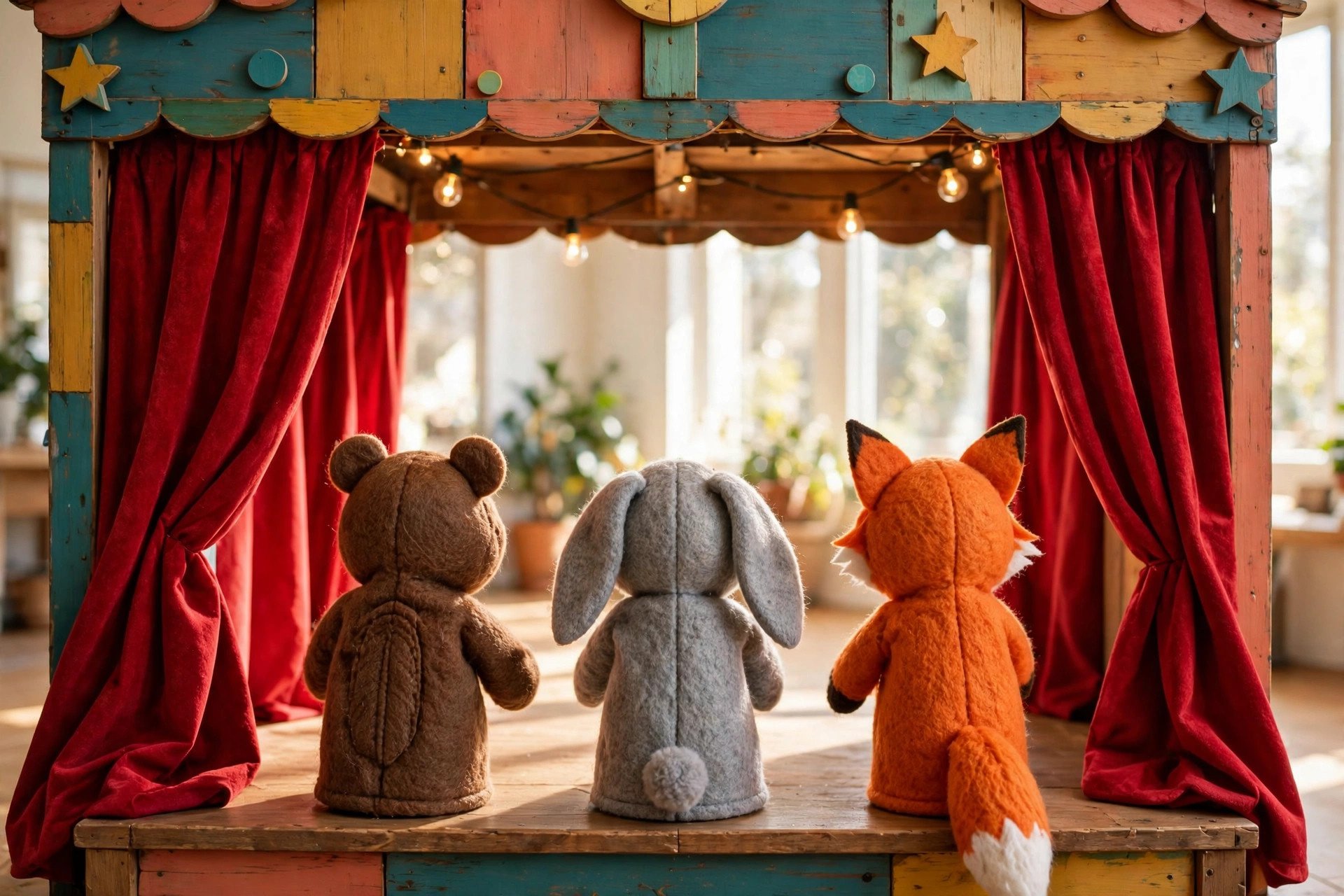 Theater stage with colorful puppets and warm lights - illustration